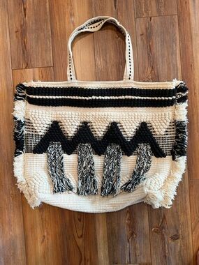 Anthropologie Black and Cream Woven Fringe Tote
